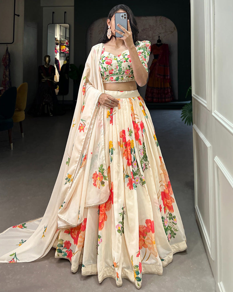 Cream Color Georgette Floral Printed Lehenga Choli