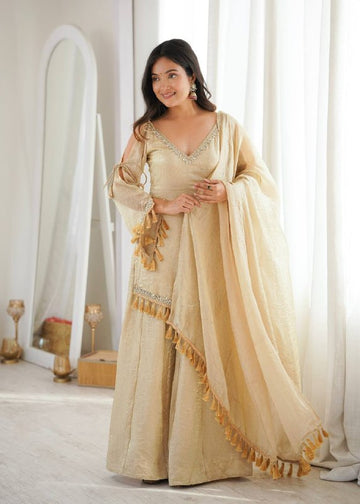 Champagne Beige Mirror Work Kurta Palazzo Suit for Women