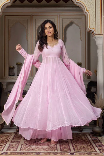 Pastel Pink Handwork Anarkali Suit Set for Women with Palazzo & Dupatta