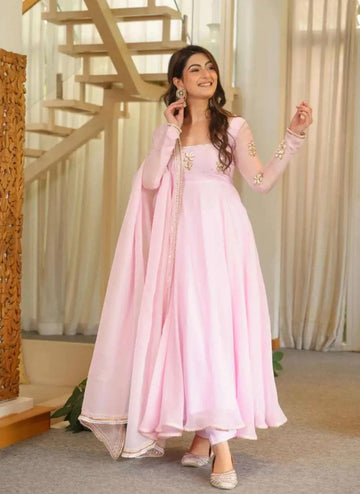 Baby Pink Embroidered Anarkali Suit Set for Women with Dupatta