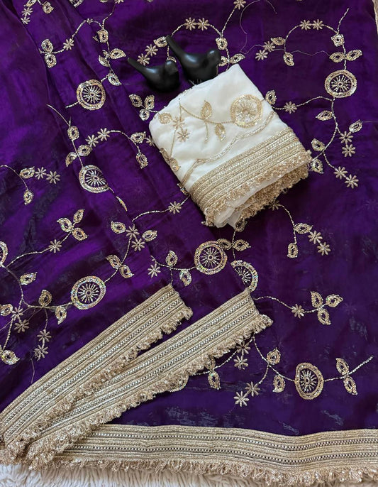 Deep Purple Pure Fancy Satin Saree with Off-White Floral Sequin Embroidery Blouse & Fringe Lace