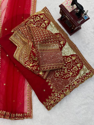 Festive Wear Embroidery Sequin Work Red Saree | Karwa Chauth & Durga Puja Saree