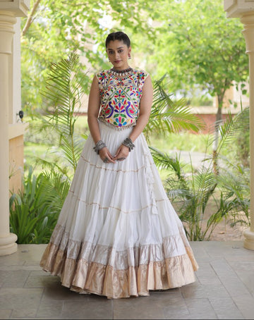 Fully Stitched White Rayon Kutchi Work Navratri Wear Ghagra Choli