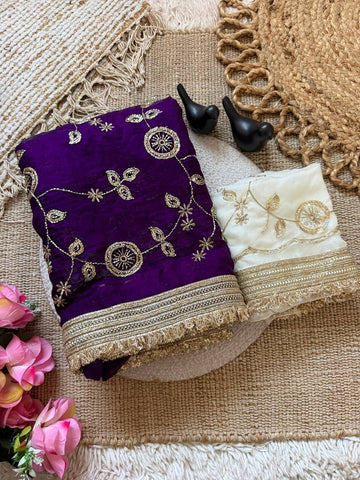 Deep Purple Pure Fancy Satin Saree with Off-White Floral Sequin Embroidery Blouse & Fringe Lace