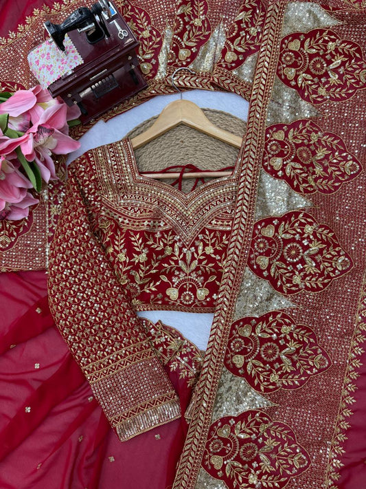 Festive Wear Embroidery Sequin Work Red Saree | Karwa Chauth & Durga Puja Saree