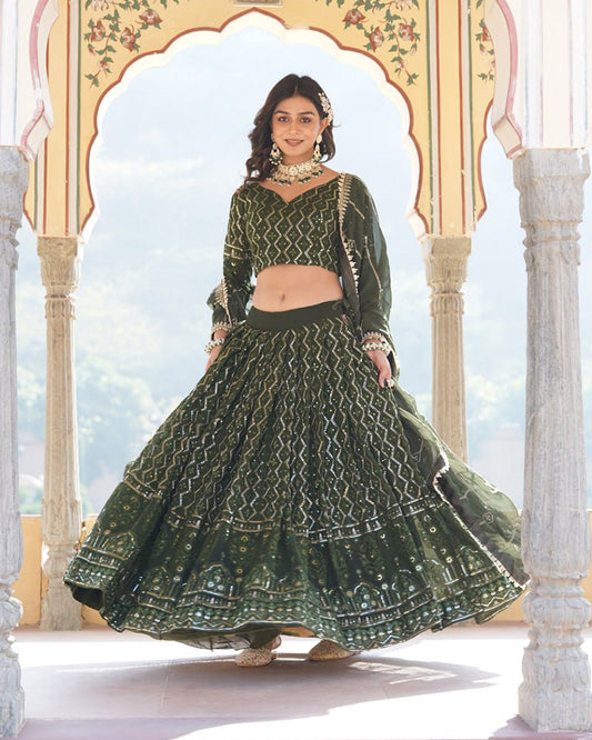 Georgette Heavy Embroidery Threaded Semi Stitched Dark Green Lehenga Choli