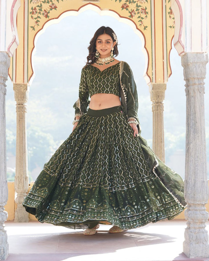 Georgette Heavy Embroidery Threaded Semi Stitched Dark Green Lehenga Choli
