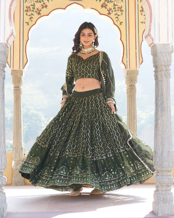 Georgette Heavy Embroidery Threaded Semi Stitched Dark Green Lehenga Choli