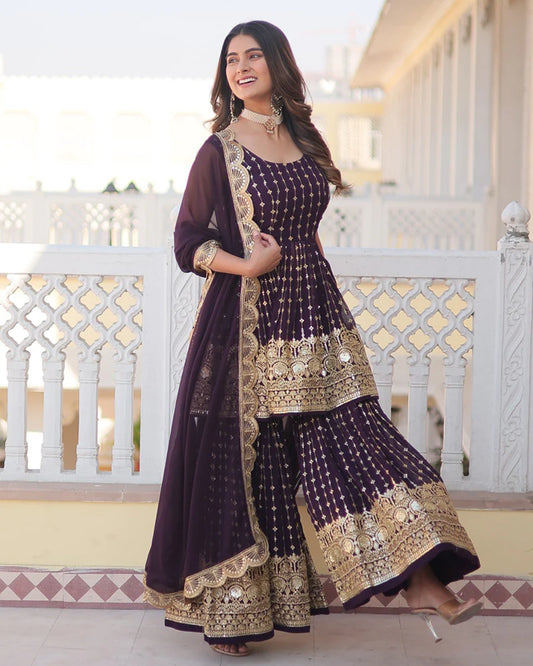 Designer Dark Wine Color Three Piece Gharara Suit