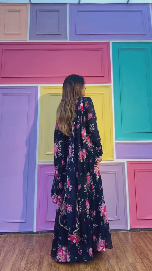 Kiran Rana In Floral Navy Blue Color Celebrity Anarkali Suit