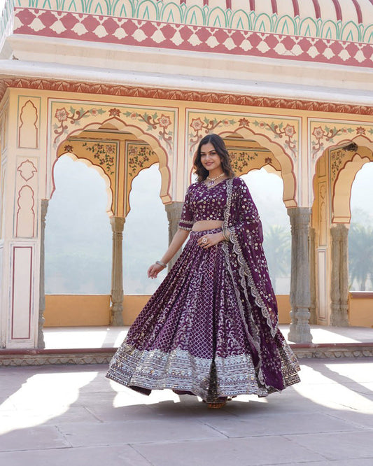 Designer Jacquard Sequence Embroidered Wine Lehenga Choli