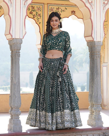 Designer Jacquard Sequence Embroidered Green Lehenga Choli