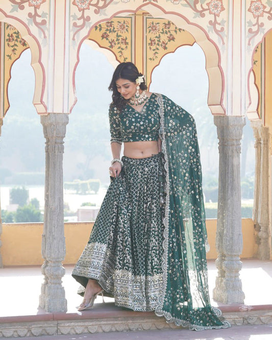 Designer Jacquard Sequence Embroidered Green Lehenga Choli