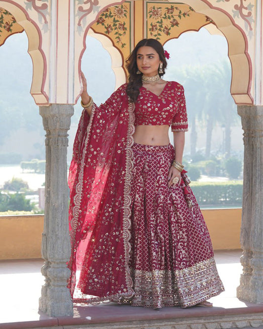 Designer Jacquard Sequence Embroidered Rani Pink Lehenga Choli