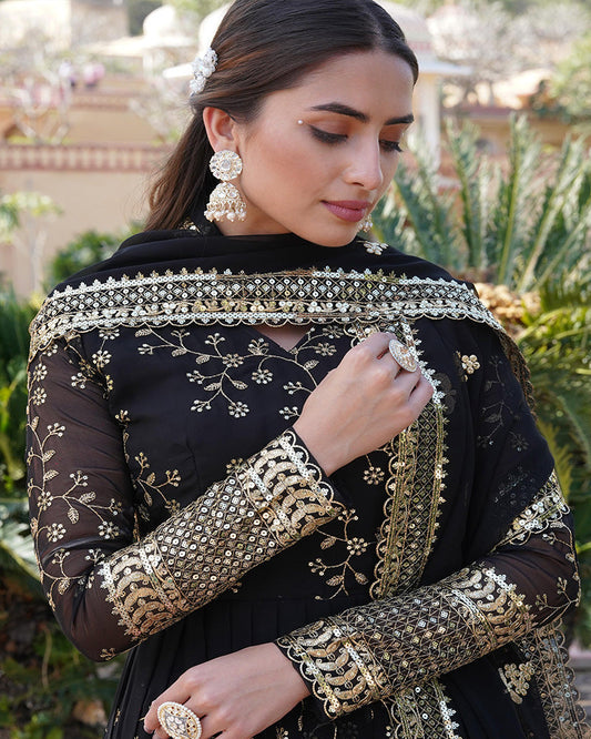 Faux Blooming Rich Sequence Embroidered Black Gown