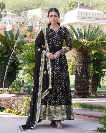 Faux Blooming Rich Sequence Embroidered Black Gown