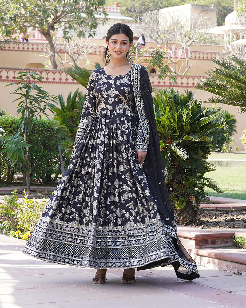 Black Color Sequence Embroidered Viscose Jacquard Gown With Dupatta