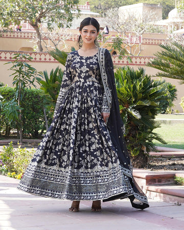 Black Color Sequence Embroidered Viscose Jacquard Gown With Dupatta