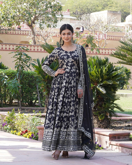 Black Color Sequence Embroidered Viscose Jacquard Gown With Dupatta