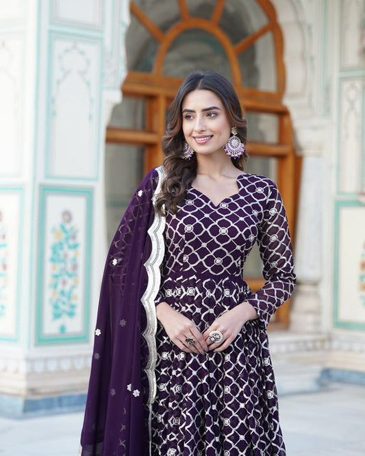 Designer Embroidery Work Wine Anarkali Gown With Dupatta