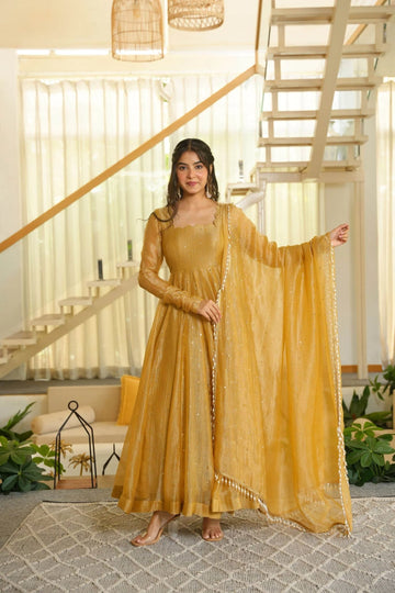 Designer Gold Salsa Anarkali Suit With Dupatta