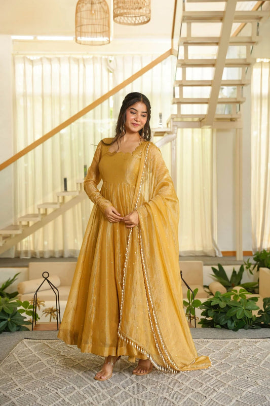 Designer Gold Salsa Anarkali Suit With Dupatta
