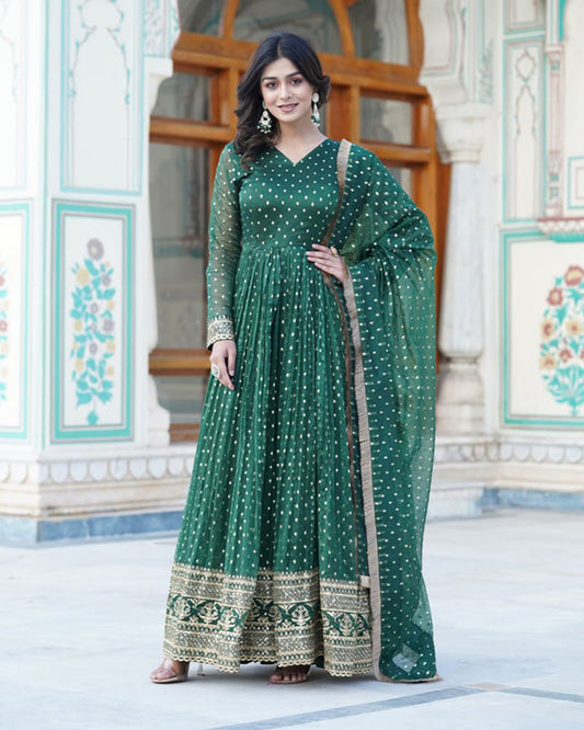 Green Color Organza Nylon Ethnic Gown With Dupatta