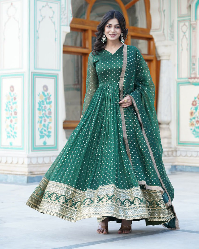 Green Color Organza Nylon Ethnic Gown With Dupatta