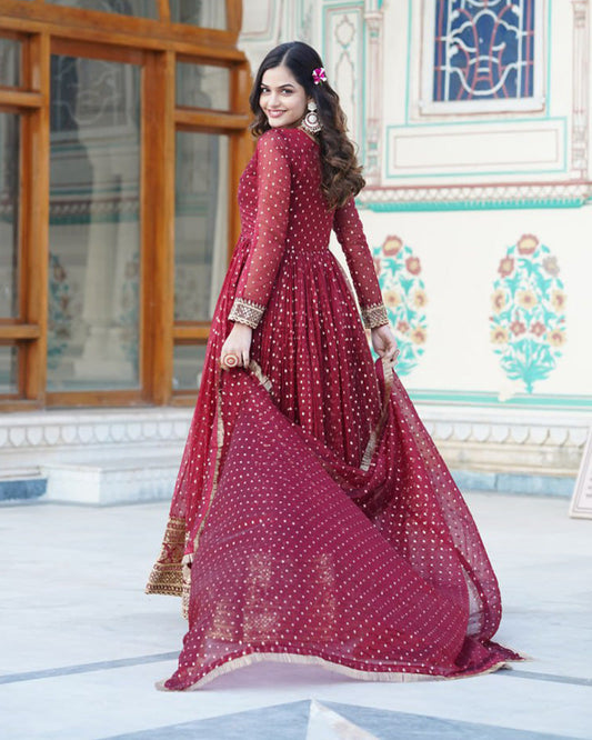 Maroon Color Organza Nylon Ethnic Gown With Dupatta