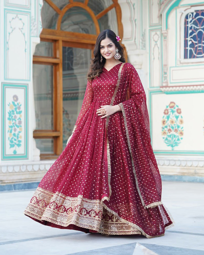 Maroon Color Organza Nylon Ethnic Gown With Dupatta