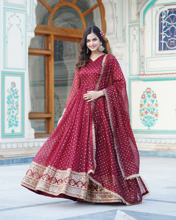 Maroon Color Organza Nylon Ethnic Gown With Dupatta