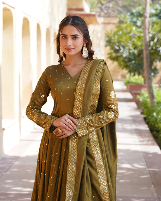 Designer Mehndi Color Embroidered Viscose Cosmos Ethnic Gown With Dupatta