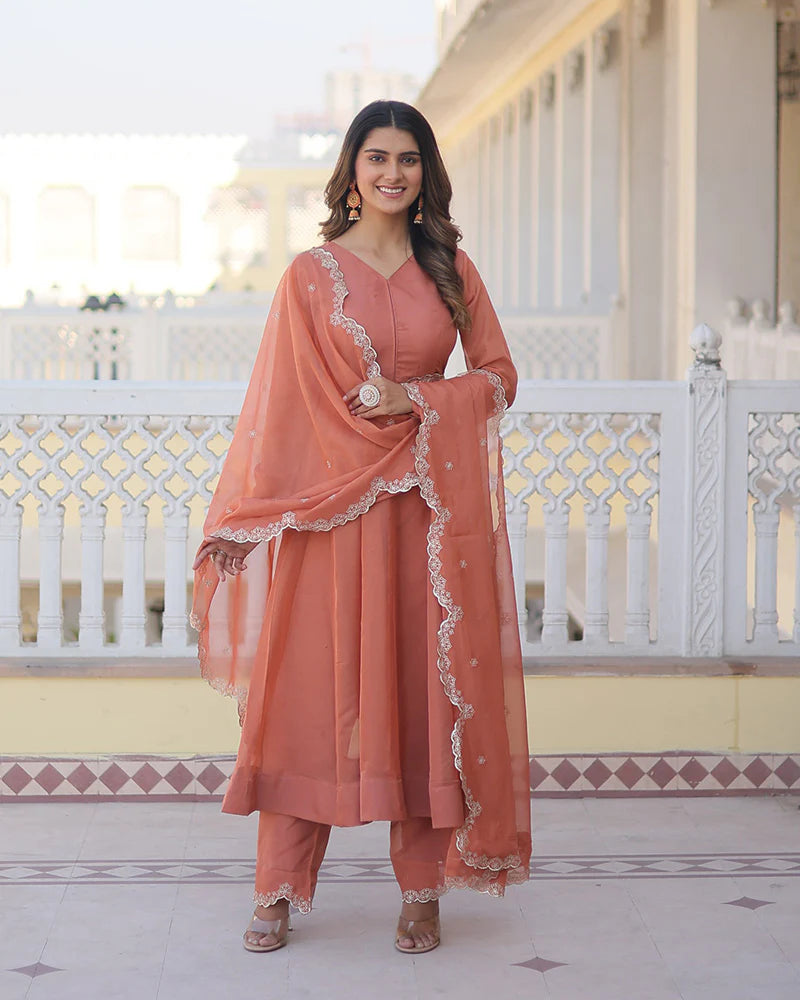 Designer Peach Color Russian Silk Three Piece Kurti Suit