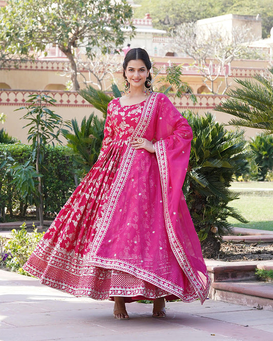 Designer Sequence Embroidered Viscose Jacquard Pink Gown With Dupatta
