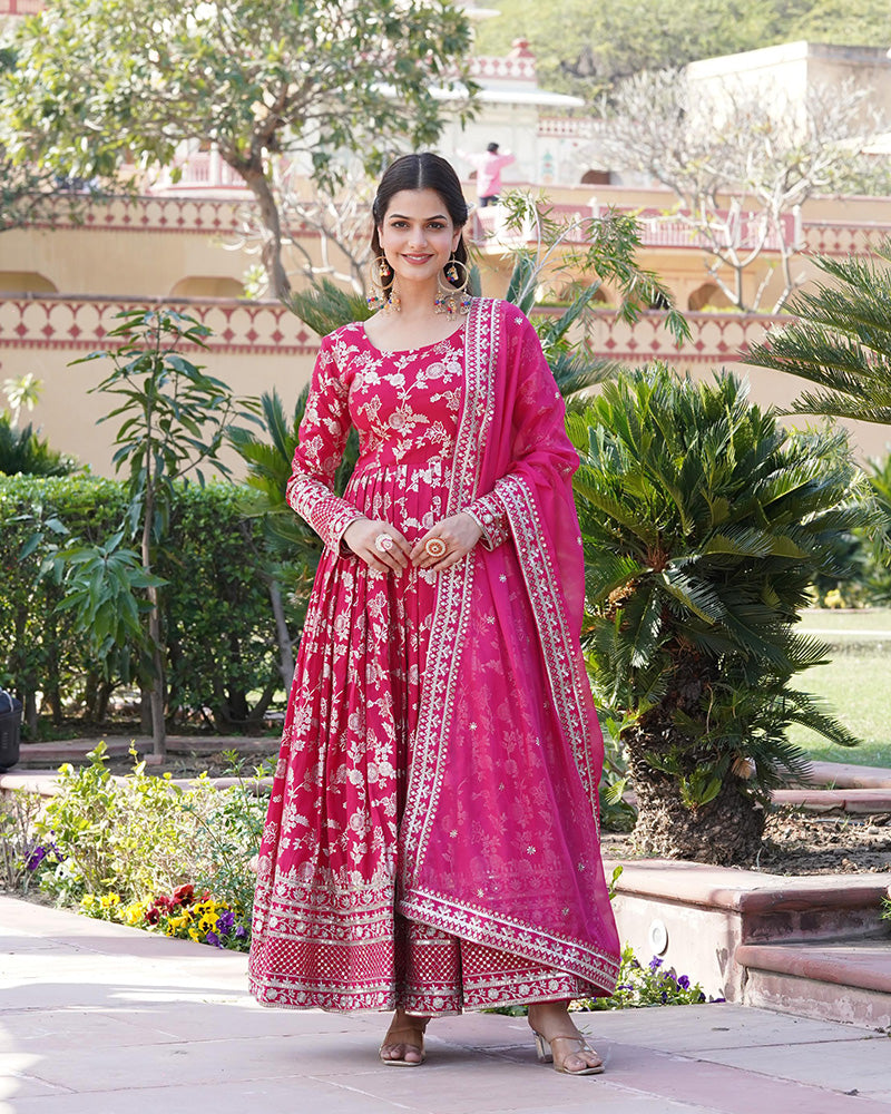 Designer Sequence Embroidered Viscose Jacquard Pink Gown With Dupatta