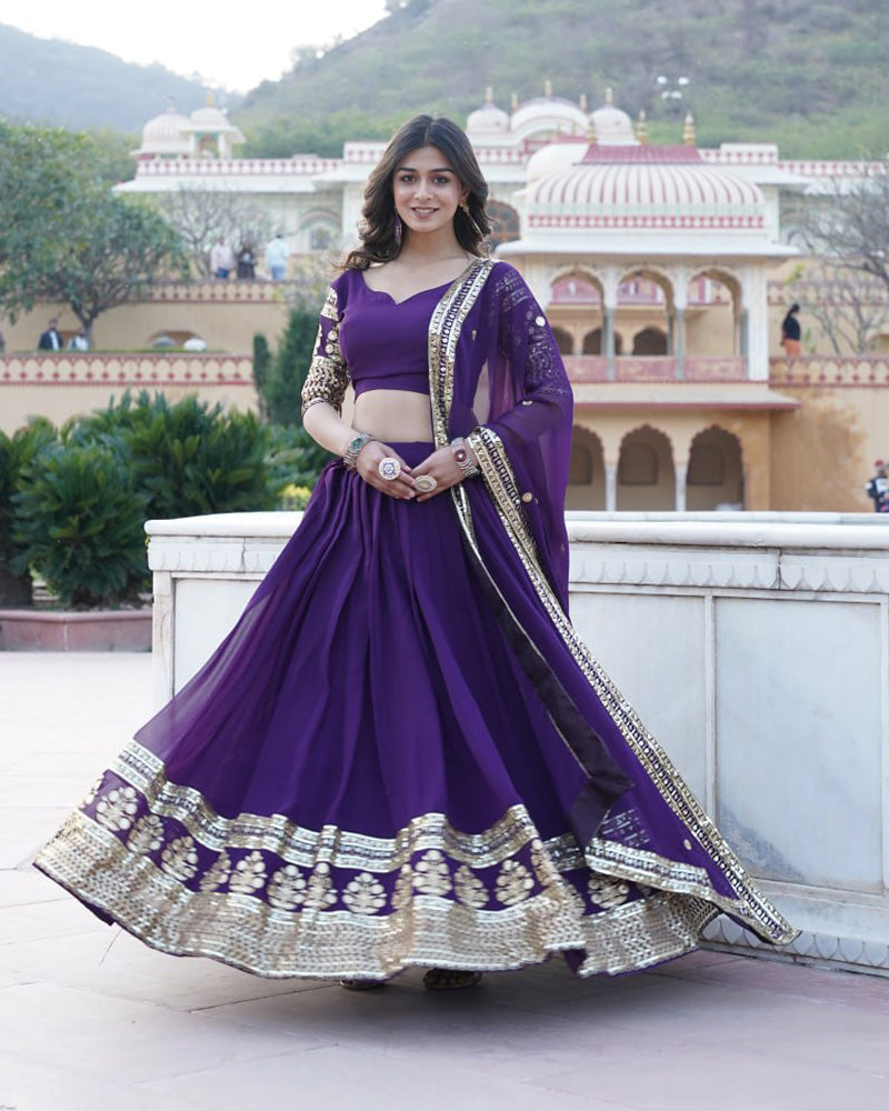 Designer Faux Blooming Semi Stitched Purple Lehenga Choli