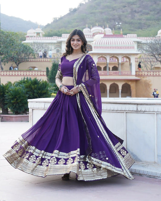 Designer Faux Blooming Semi Stitched Purple Lehenga Choli