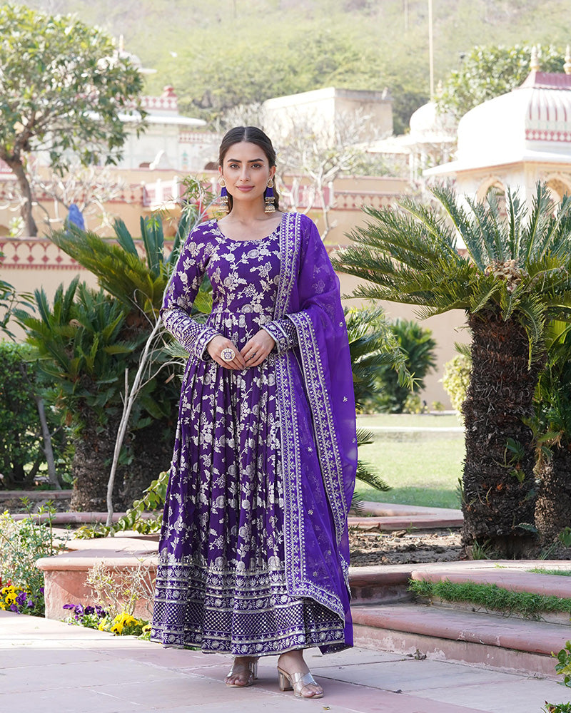 Purple Color Sequence Embroidered Viscose Jacquard Indian Gown With Dupatta