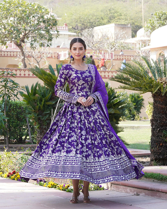 Purple Color Sequence Embroidered Viscose Jacquard Indian Gown With Dupatta
