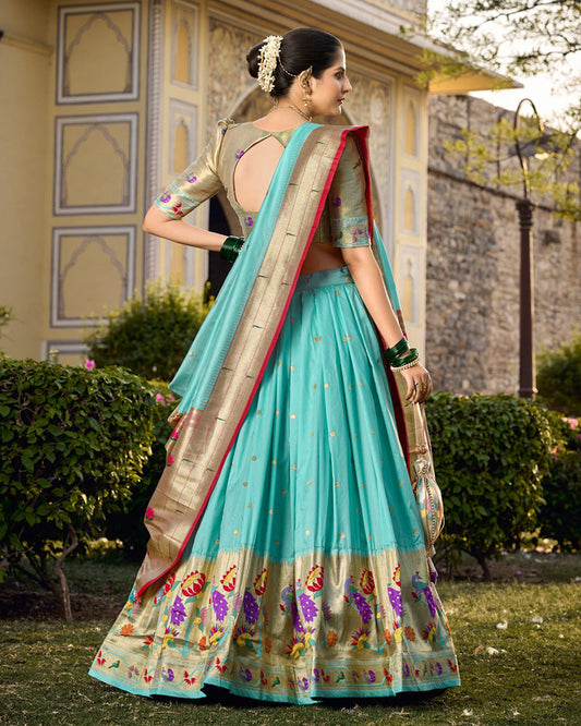 Designer Jacquard Paithani Silk Sky Blue Lehenga Choli