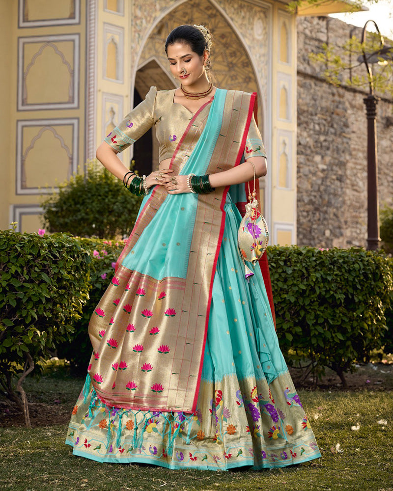 Designer Jacquard Paithani Silk Sky Blue Lehenga Choli