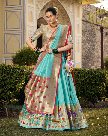 Designer Jacquard Paithani Silk Sky Blue Lehenga Choli
