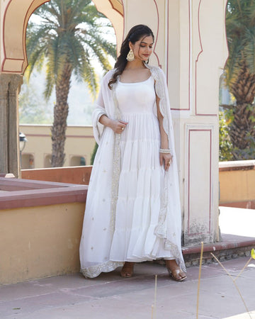 Designer Georgette Floor Touch White Gown With Dupatta