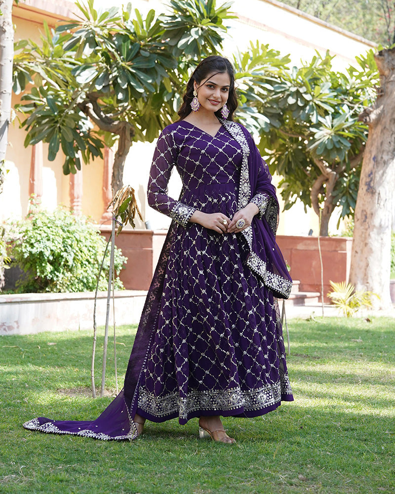 Designer Sequence Embridered Work In Faux Blooming Wine Anarkali Gown