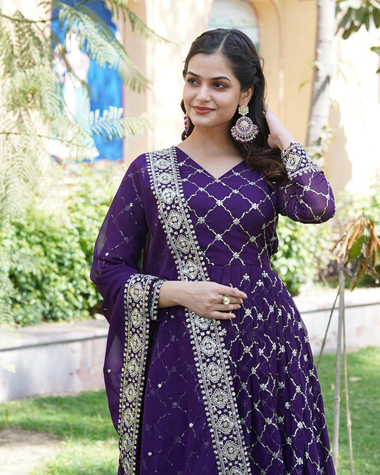 Designer Sequence Embridered Work In Faux Blooming Wine Anarkali Gown