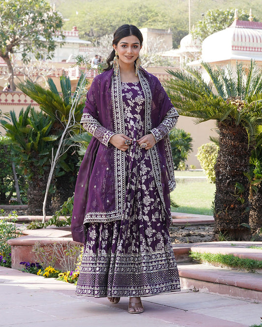 Designer Wine Color Sequence Embroidered Viscose Jacquard Ethnic Gown With Dupatta
