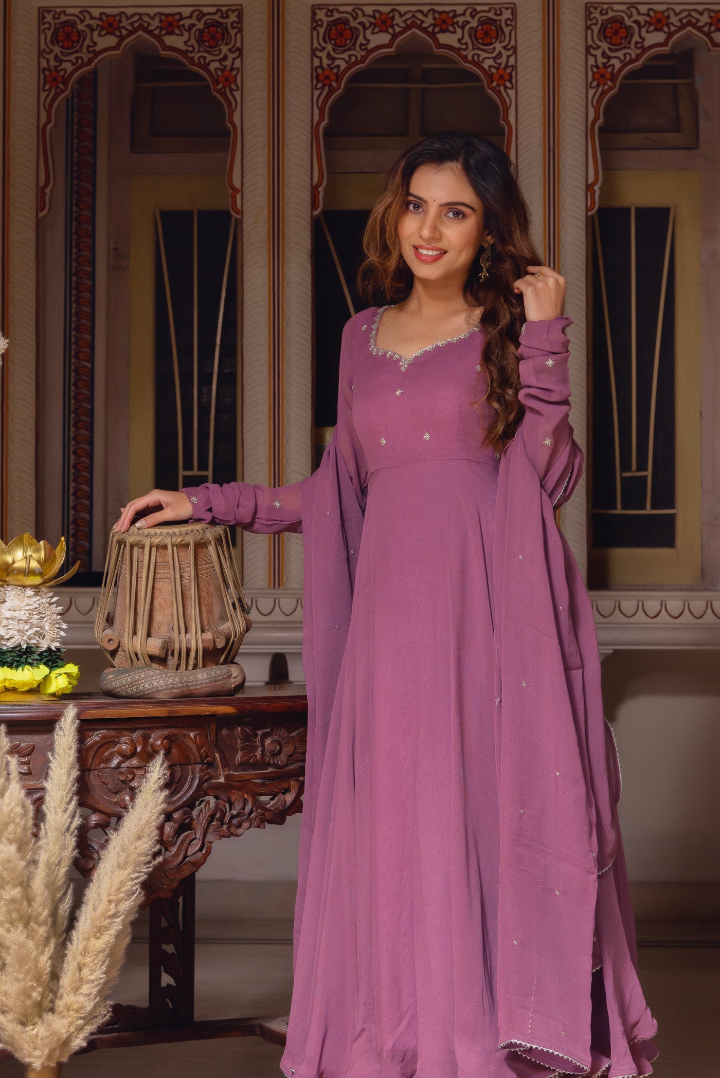 Dusty Pink Color Georgette Base Embroidery Work On Neck Anarkali Suit