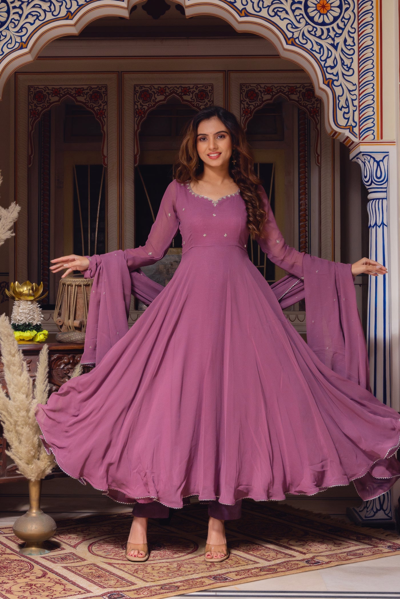 green emerald velvet dress Light Pink Anarkali Set. – Shyam Narayan Prasad main image 1