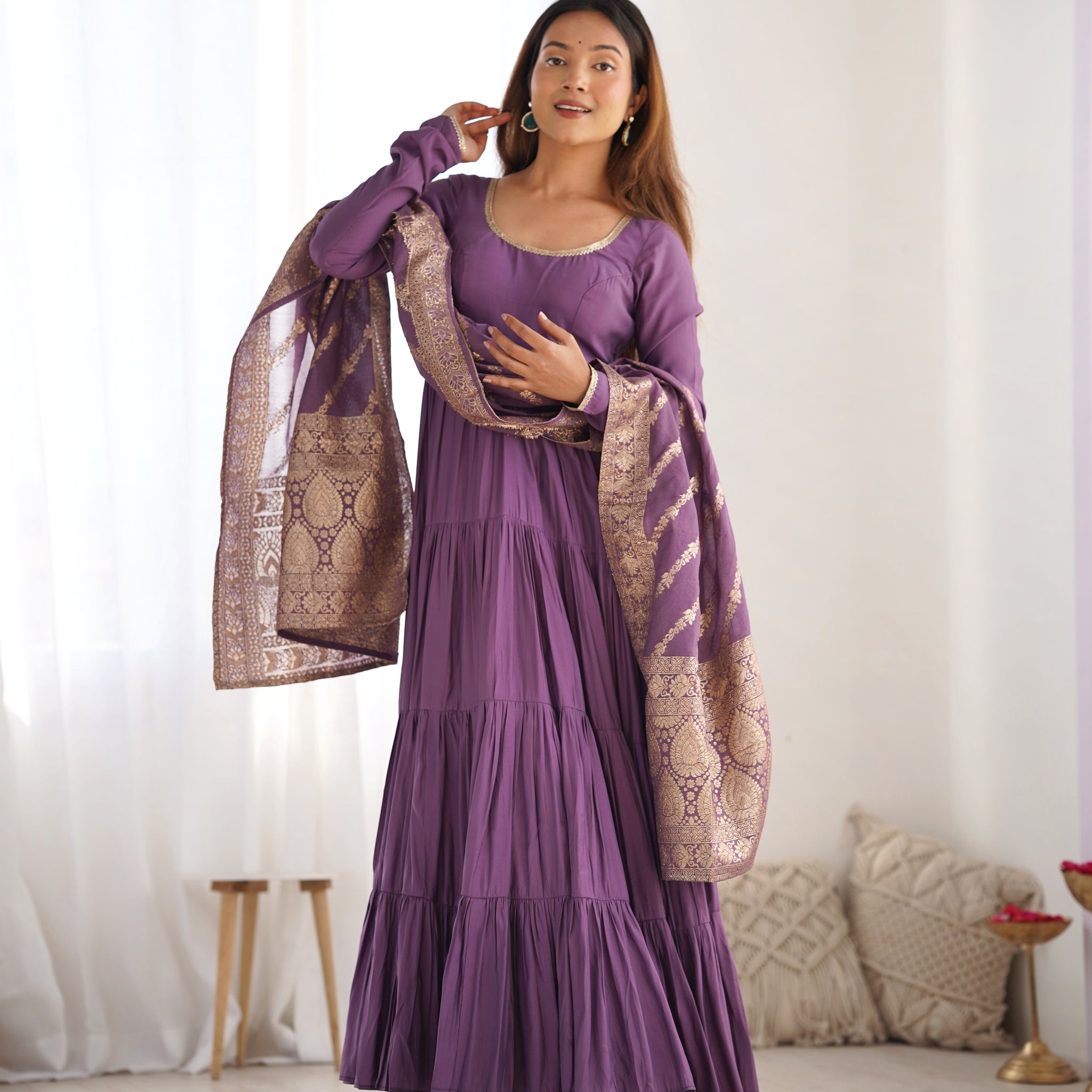 Dusty Purple Color Pure Roman Silk Ruffle Style Anarkali Gown