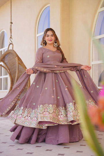 Purple Embroidered Anarkali Suit Set for Women with Dupatta